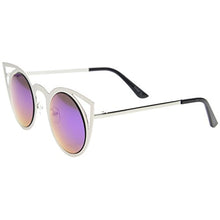 Load image into Gallery viewer, Womens Fashion Round Metal Cut-Out Flash Mirror Lens Cat Eye Sunglasses (Silver/Green Blue Mirror)