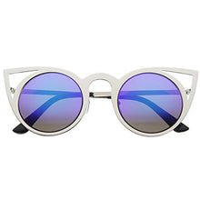 Load image into Gallery viewer, Womens Fashion Round Metal Cut-Out Flash Mirror Lens Cat Eye Sunglasses (Silver/Green Blue Mirror)