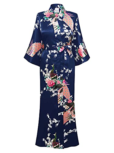 Swhiteme Women's Kimono Robe, Long, One Size, Peacock, Navy, KPL01B