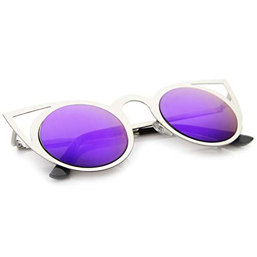 Womens Fashion Round Metal Cut-Out Flash Mirror Lens Cat Eye Sunglasses (Silver/Green Blue Mirror)