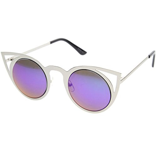 Womens Fashion Round Metal Cut-Out Flash Mirror Lens Cat Eye Sunglasses (Silver/Green Blue Mirror)