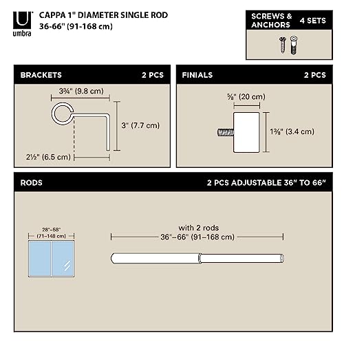 Umbra Cappa Curtain Rod, Includes 2 Matching Finials, Brackets & Hardware, 36 to 66-Inches, Brass